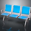Three Seat Public Chair With Blue Cushions And Silver Metal Armrests