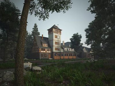 Classic Detached Villa With Tower Structure Surrounded By Trees And Green Lawn 3d model