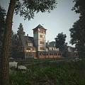 Classic Detached Villa With Tower Structure Surrounded By Trees And Green Lawn