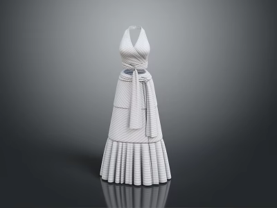 White Halter Neck Wrap Waist Dress With Belt And Pleated Striped Skirt 3d model