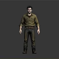 Man 3D Model in Brown Shirt and Pants with Belt Boots and Gray Background