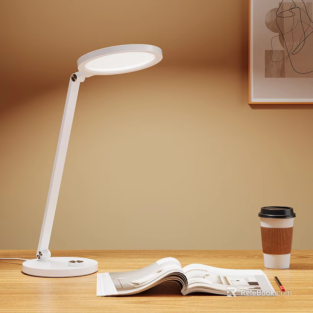 White Adjustable Desk Lamp With Round Head And Open Notebook Beside Coffee Cup On Table 3d model 