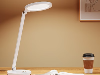 White Adjustable Desk Lamp With Round Head And Open Notebook Beside Coffee Cup On Table 3d model