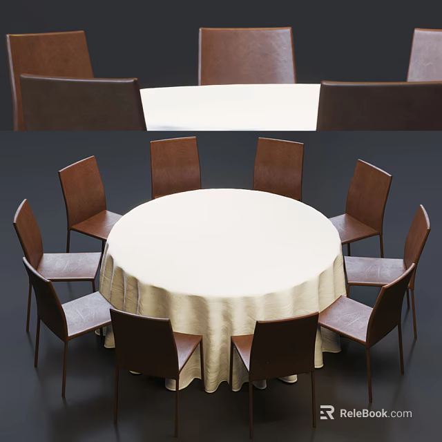 Modern Round Dining Table Set With White Tablecloth And Matching Chairs 3d model 