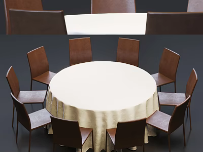Modern Round Dining Table Set With White Tablecloth And Matching Chairs 3d model