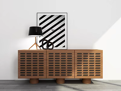Modern Interior With Wooden Lattice Console Cabinet Black Table Lamp And Striped Art 3d model