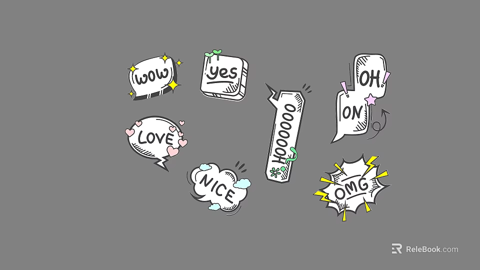Hand Drawn Handheld Signs With Emotional Words Wow Yes Oh Love Nice OMG 3d model 