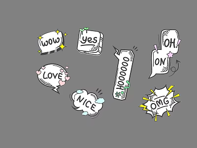 Hand Drawn Handheld Signs With Emotional Words Wow Yes Oh Love Nice OMG 3d model
