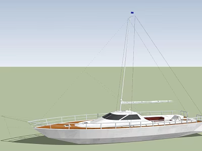 Classic Wooden Sailboat With White Hull Mast And Wooden Deck Railing 3d model