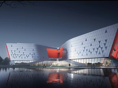 Modern Museum Building with Geometric Triangle Facade Red Accents and Water Reflection at Night 3d model