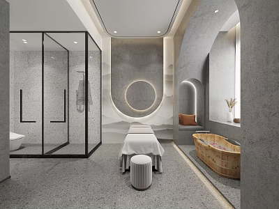 Relaxing Modern SPA Sauna Interior with Massage Table Wooden Bathtub Glass Shower and Circular Mirror 3d model