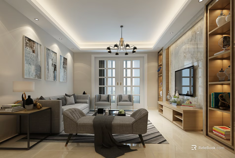 Modern Living Room Interior With Gray Sofa Armchairs Ottoman TV Stand Chandelier And Paintings 3d model 