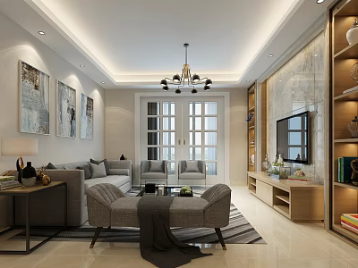 Modern Living Room Interior With Gray Sofa Armchairs Ottoman TV Stand Chandelier And Paintings 3d model