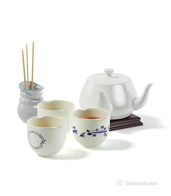 White Ceramic Tea Set With Blue Floral Teacups Teapot And Wooden Base 3d model 