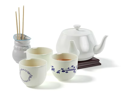 White Ceramic Tea Set With Blue Floral Teacups Teapot And Wooden Base 3d model