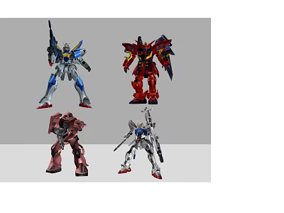 Four Colorful Robot Action Figures With Unique Designs And Mechanical Details 3d model
