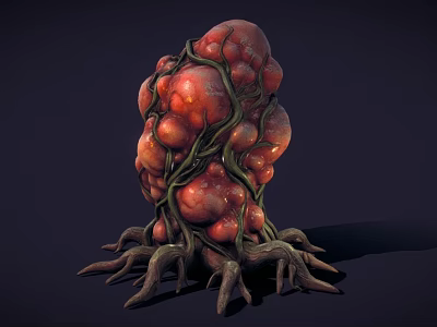 Fantasy Biomechanical Structure With Red Bulbous Growths Green Vines And Root Appendages 3d model