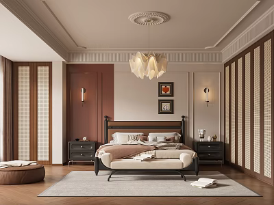 Elegant Modern Bedroom Interior With Chandelier Bedside Tables And Wall Art 3d model