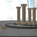 Ornate Golden Columns With Decorative Bases Against Blue Sky And Clouds