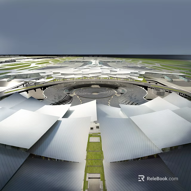 Aerial View of Large Urban Architectural Planning With Circular Layout White Roofs and Green Spaces 3d model 