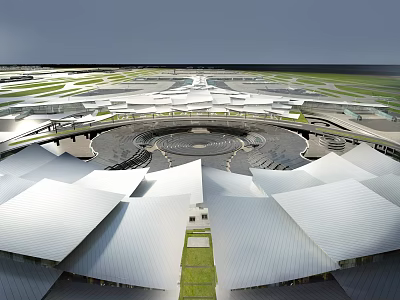 Aerial View of Large Urban Architectural Planning With Circular Layout White Roofs and Green Spaces 3d model