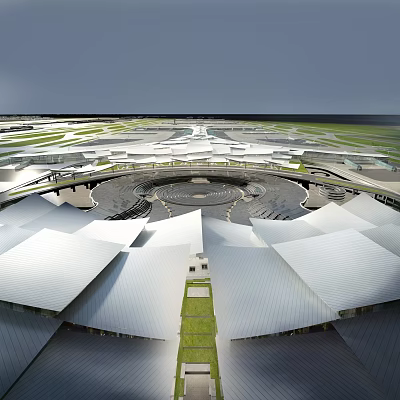 Aerial View of Large Urban Architectural Planning With Circular Layout White Roofs and Green Spaces 3d model