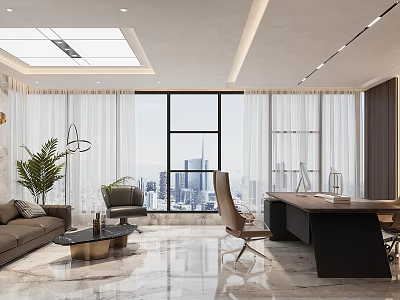 Modern Office Interior Design With Large Windows City View Sofa Desk Plant And Pendant Light 3d model