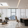 Modern Office Interior Design With Large Windows City View Sofa Desk Plant And Pendant Light