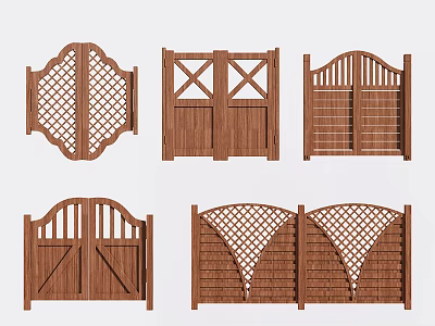 Various Decorative Wooden Gate Designs With Lattice Cross And Arched Patterns 3d model