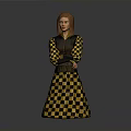 Red Haired Woman In Yellow Black Checkered Dress Standing Arms Crossed On Gray Background