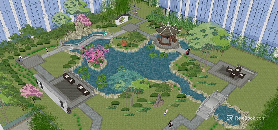 Chinese Style Roof Garden With Pond Pavilion Bridge And Lush Plants 3d model 