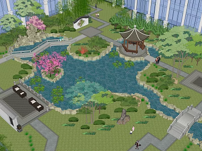 Chinese Style Roof Garden With Pond Pavilion Bridge And Lush Plants 3d model