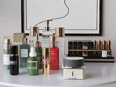 Luxury Perfume and Cosmetics Collection With Various Bottles and Gold Accents 3d model