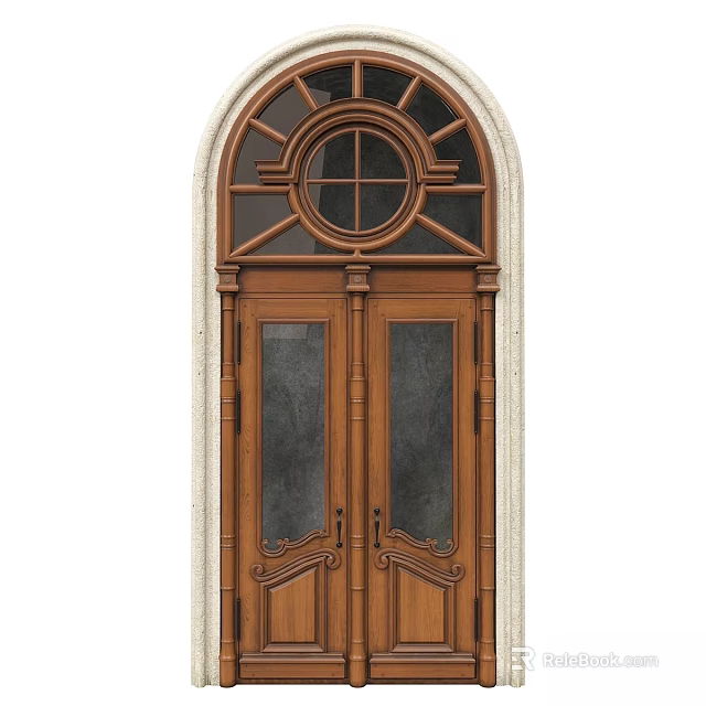 Classic Wooden Hinged Door With Double Panel Glass Panels And Arched Top Decorative Design 3d model 