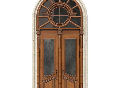 Classic Wooden Hinged Door With Double Panel Glass Panels And Arched Top Decorative Design 3d model