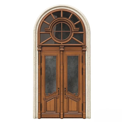 Classic Wooden Hinged Door With Double Panel Glass Panels And Arched Top Decorative Design 3d model