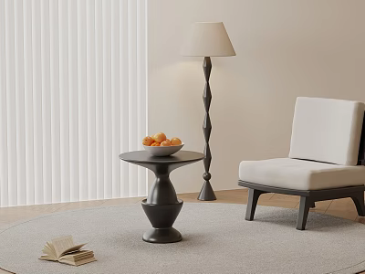 Stylish Side Table with Fruit Bowl Floor Lamp and Chair in Cozy Living Space 3d model