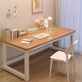 Cozy Study Space With Wooden Desk And White Chair Set Including Laptop Notebook And Lamp