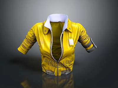 Yellow Leather Jacket with White Collar Zipper Closure and Printed Text Design 3d model