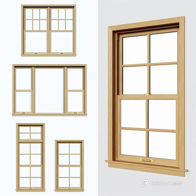 Wooden Window Designs With Various Sizes And Grid Patterns For Home 3d model