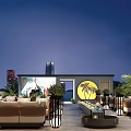 Rooftop Bar Outdoor Seating With Green Plants Water Feature And City Night View