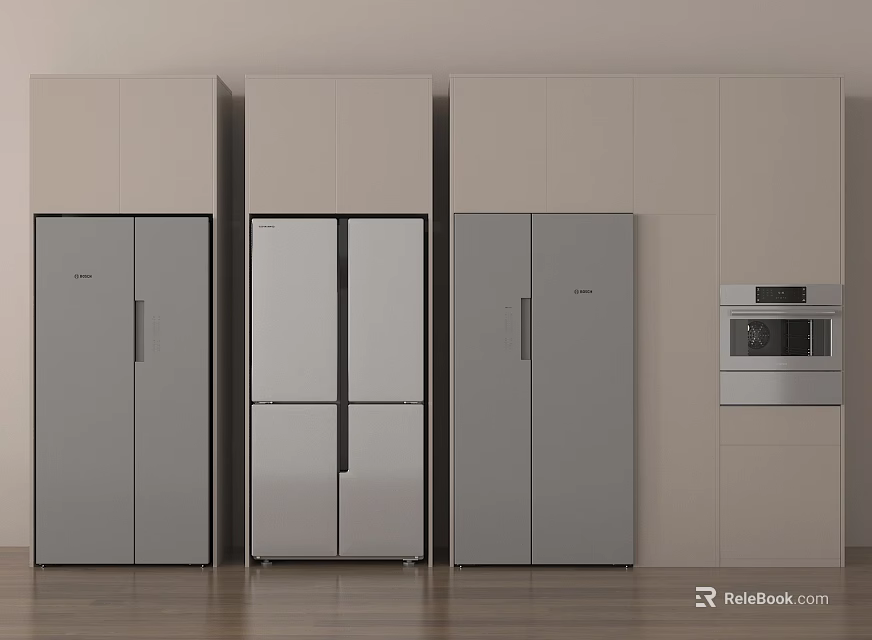 Three Modern Refrigerators In Kitchen With Light Colored Cabinets And Built In Appliance 3d model