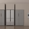 Three Modern Refrigerators In Kitchen With Light Colored Cabinets And Built In Appliance 3d model