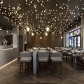 Modern Elegant Restaurant Interior With Pendant Lights Dining Tables Open Bar Counter And Wooden Floors