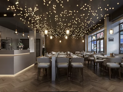 Modern Elegant Restaurant Interior With Pendant Lights Dining Tables Open Bar Counter And Wooden Floors 3d model