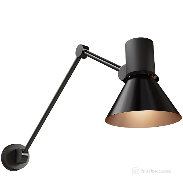 Modern Black Wall Lamp With Adjustable Arm And Conical Shade Warm Light 3d model 