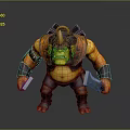 Angry Muscular 3D Monster Character In Orange Armor With Horns And Weapons