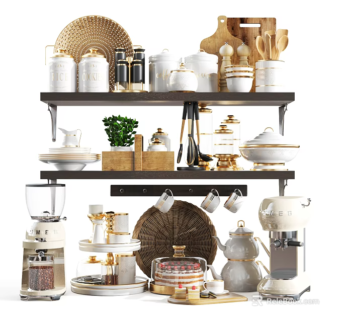 Stylish Kitchenware Arranged on Dark Wooden Shelf with White Containers Dishes and Coffee Maker 3d model 