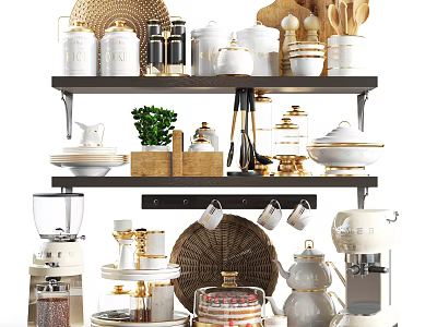 Stylish Kitchenware Arranged on Dark Wooden Shelf with White Containers Dishes and Coffee Maker 3d model