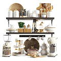 Stylish Kitchenware Arranged on Dark Wooden Shelf with White Containers Dishes and Coffee Maker
